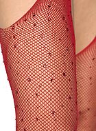 Suspender pantyhose, small fishnet, rhinestones, open crotch